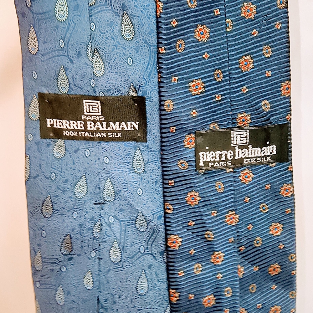 BALMAIN - 2 Pierre Balmain Blue Italian Silk Ties with Paisley & Floral Patterns